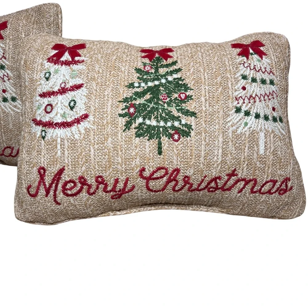 Set‎ of 2 Christmas Tree Embroidered Woven Lumbar Throw Pillows Festive Coastal
